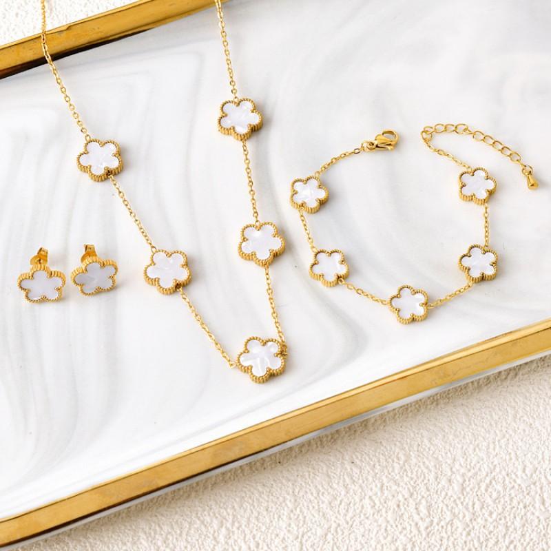 Double-Sided Lucky Clover Titanium Steel Necklace Earring Set Women Minimalist Fashion Daily Wear