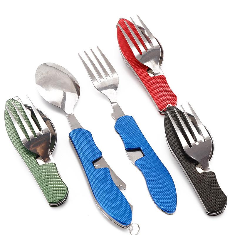 Stainless Steel Cutlery 4 In 1 Outdoor Picnic Tableware Foldable Knife Fork Spoon Bottle Opener Folding Pocket Cutlery Set