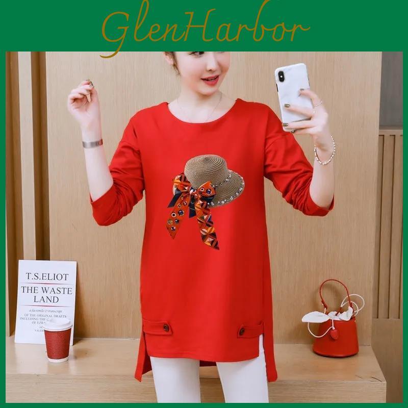 Longsleeved Autumn Spring Tshirt And Womens Large Size Loose Cotton Bottoming Shirt Midlength Top