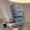 Women's Shoes Pleated Blue Denim Boot Female Chelsea Boots Spring Mid Calf Boots 2025 New Women Boots Botas Altas Mujer