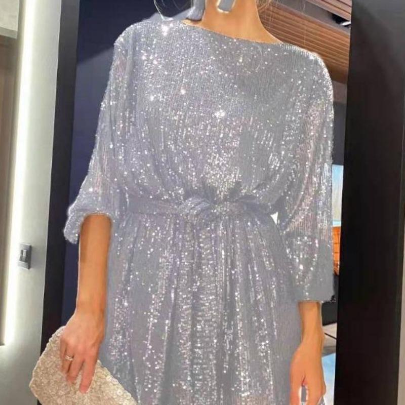 Женское мини-блестящее платье с длинным рукавом Сверкающее платье из бисера Модное темпераментное элегантное сексуальное вечернее платье с блестками Праздничная вечеринка Коктейльная вечеринка