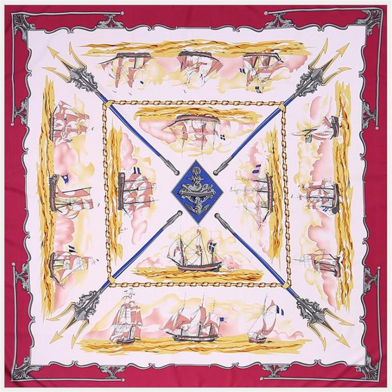 POBING 100% Silk Scarf Women Large Shawls Spain Warship Print Stoles Square Bandana Hijab Luxury Kerchief Female Foulards 130CM