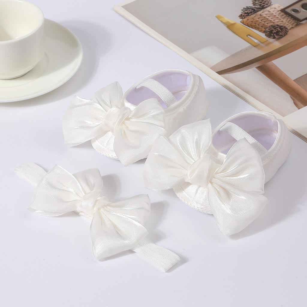 Туфельки для крещения для маленьких девочек с бантом и повязкой на голову, милые блестящие балетки и повязка для волос, мягкая подошва, детские первые шаги