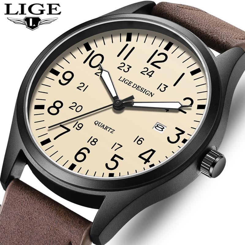 LIGE Casual Fashion Men's Quartz Watch Waterproof Auto Date Luminous Wristwatch For Men Leather Strap Relojs Hombre+Box
