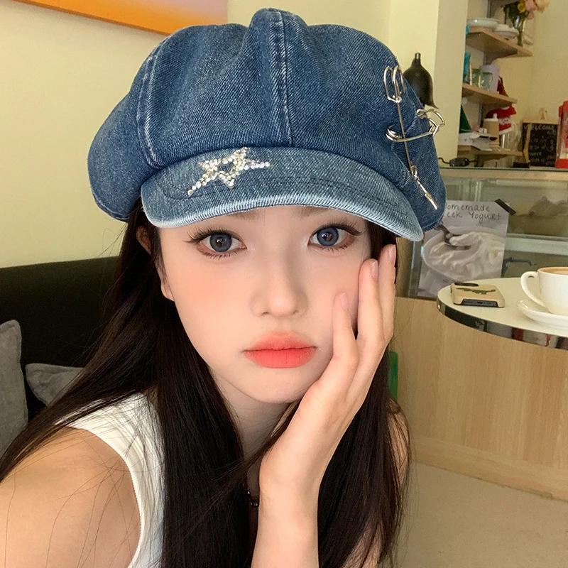 Y2k Original Star Rhinestone Niche Versatile Berets Caps for Women Spring and Autumn Ins Retro Denim Octagonal Newsboy Hats