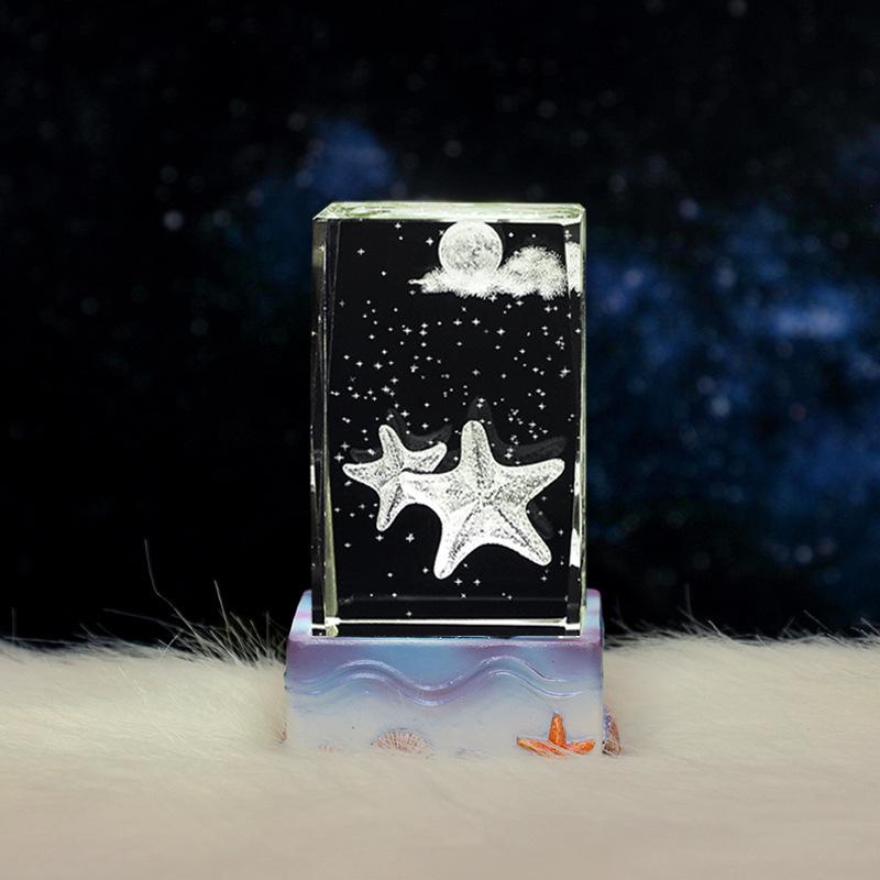3D Laser Engraved Crystal Cube Night Light, Resin Sea Base LED Lamp, Bedroom Decor Birthday Gift