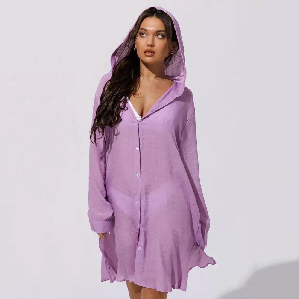 Solid Color Button Down Tunic Dress Long Sleeve Blouse Tops Beach Bikini Cover-up Vacation Outfit