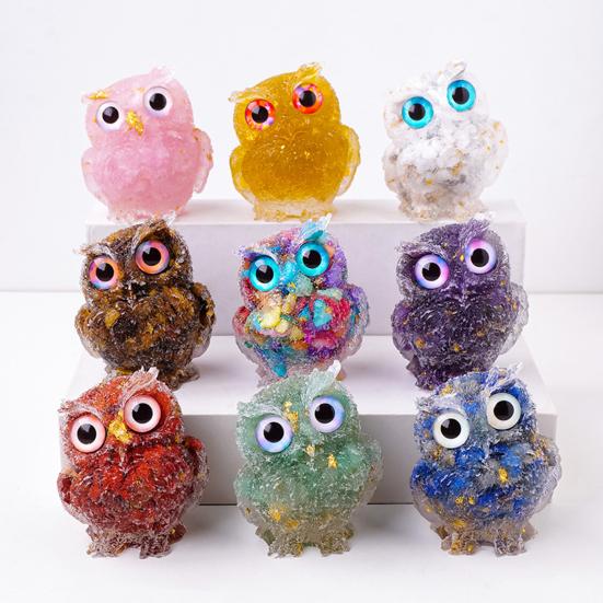 Natural Crystal Owl Figurine Handmade Resin Owl Statue Filled with Crystal Stones Tabletop Owl Ornament
