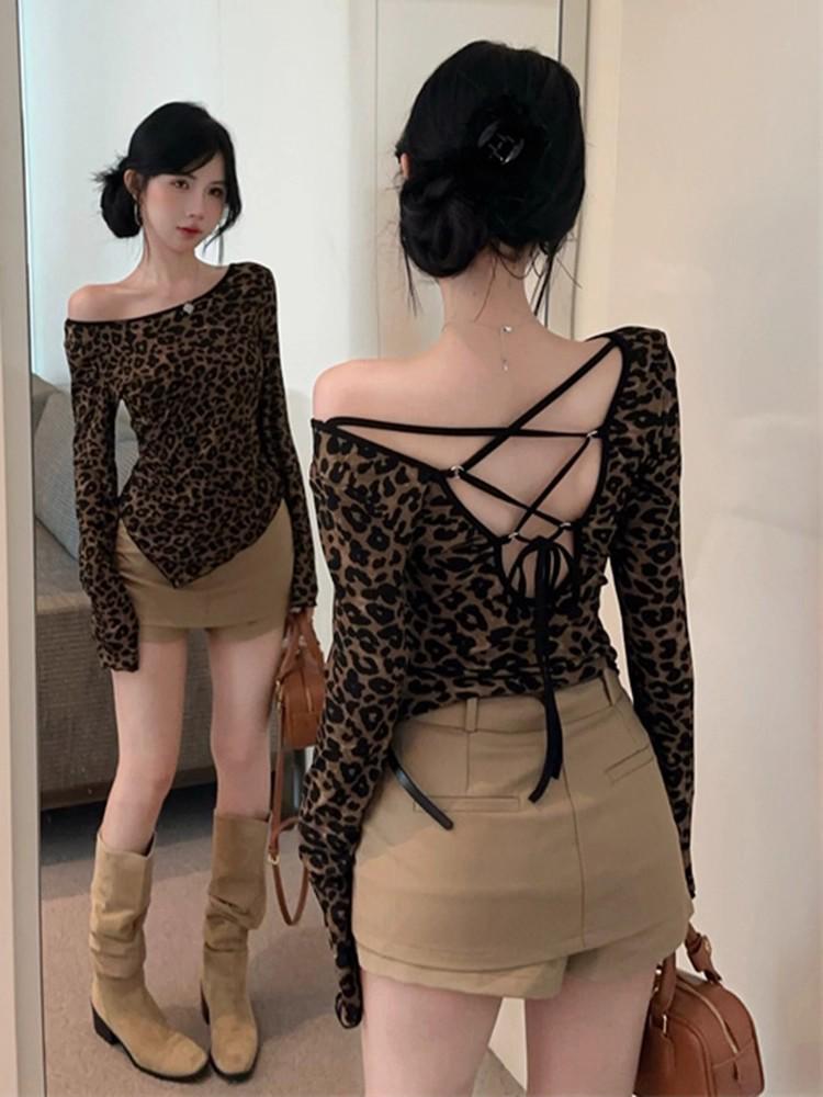 Chic Leopard Print Open-Back Tie-Up Long-Sleeve T-Shirt for Women - Autumn Edition
