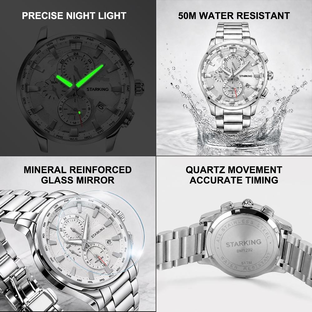 STARKING Luxury Men's Quartz Watch Stainless Steel Strap Date Watches 5ATM Waterproof Luminous Sports Business Quartz Wristwatch