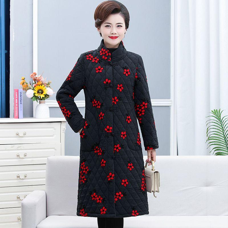 Хлопковое пальто с вышивкой в китайском стиле для женщин среднего возраста, утепленная теплая длинная куртка с застежками-лягушками