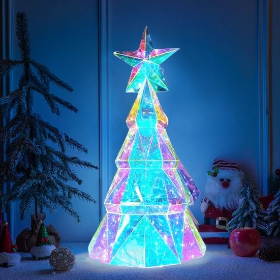 Светодиодная рождественская елочная игрушка, светящаяся многогранная фигурка рождественской елки со звездой наверху, праздничный декор для украшения домашнего стола