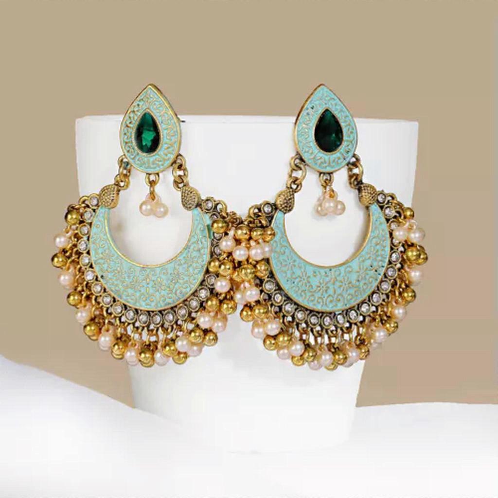 RSAMD Ethnic Retro Green Jhumka Earrings For Women Indian Jewelry Pearl Tassel Earring-Green