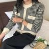New Arrivals Open Run Women Tweed No Collar Knit Color Block Design Round Button
