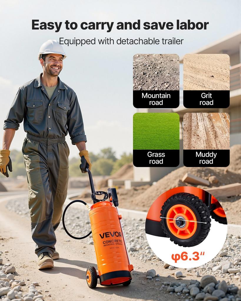Industrial Concrete Sprayer with Wheeled Cart, 14L Stainless Steel Sprayer, Heavy Duty Tri-Poxy Pump Sprayers, 52cm Wand, 1.2m & 3m Hoses, 2 Brass