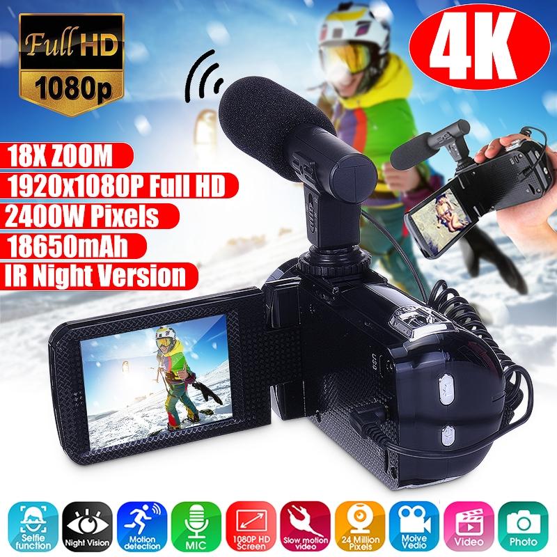 4K Full HD Video Camera Camcorder 2400 MP IR Night Vision Video Camcorder 3 Inch Touch LCD Screen 18X Zoom Camera W/ Mic