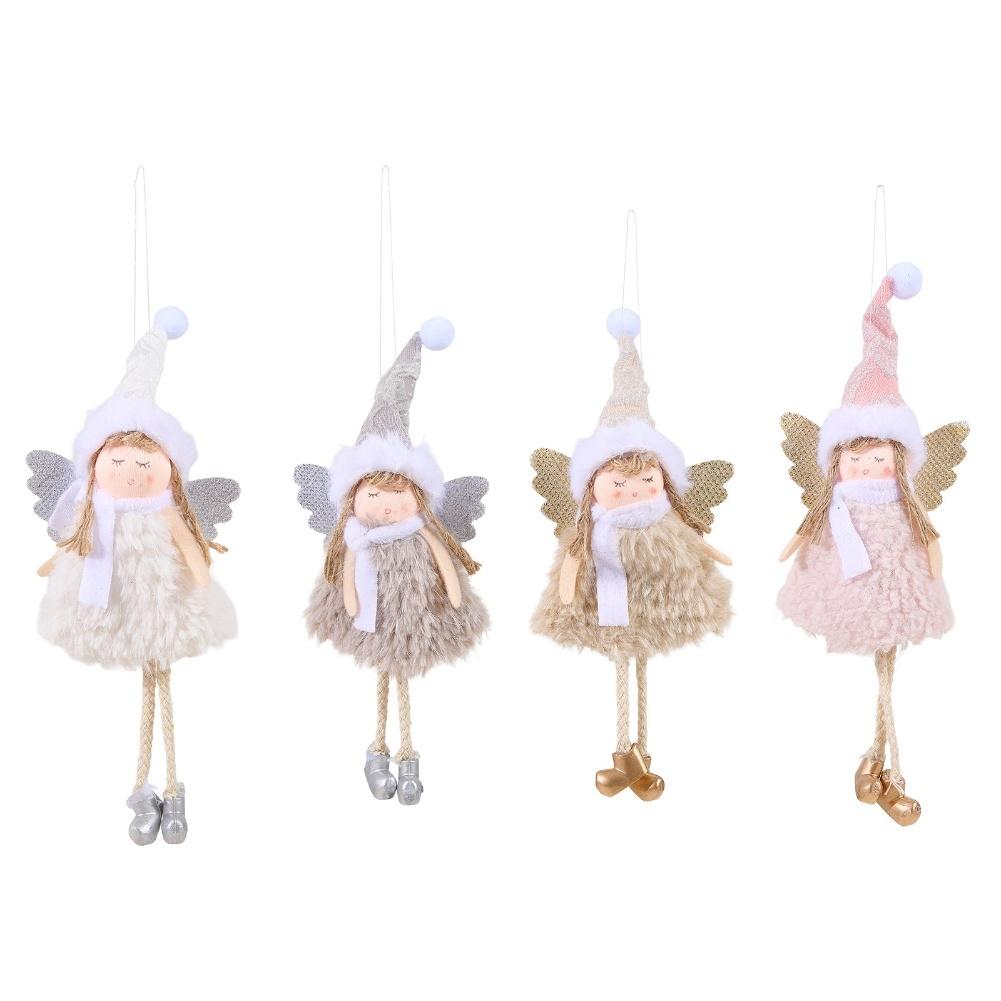 Christmas Angel Girl Hanging Decorations Set of 4 Made of Flannel with Hat and Gold Wings for Holiday Decorating