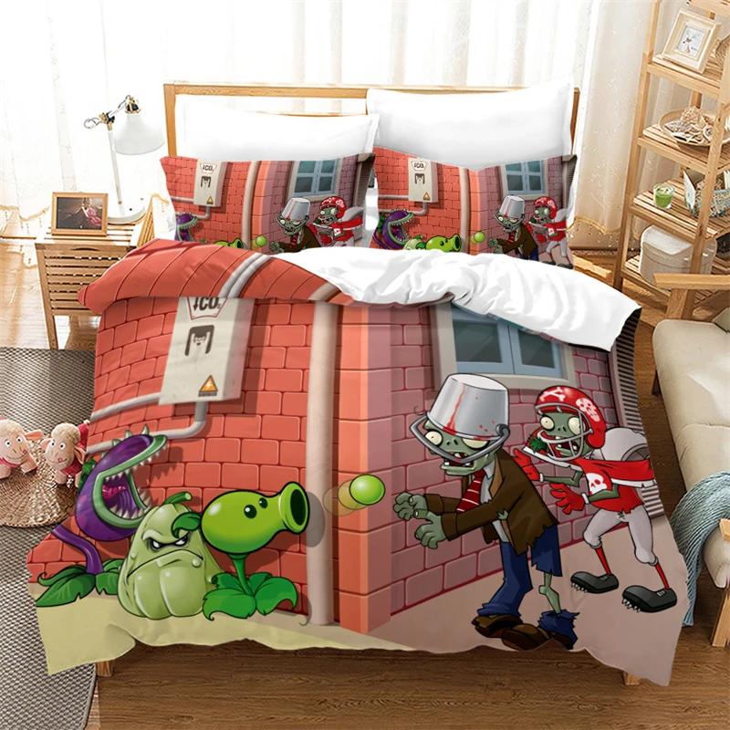 Popular Games Pattern Bedding Set 3d Plant Zombie Cartoon Duvet Cover Set with Pillowcase Single Double Queen King Bedclothes