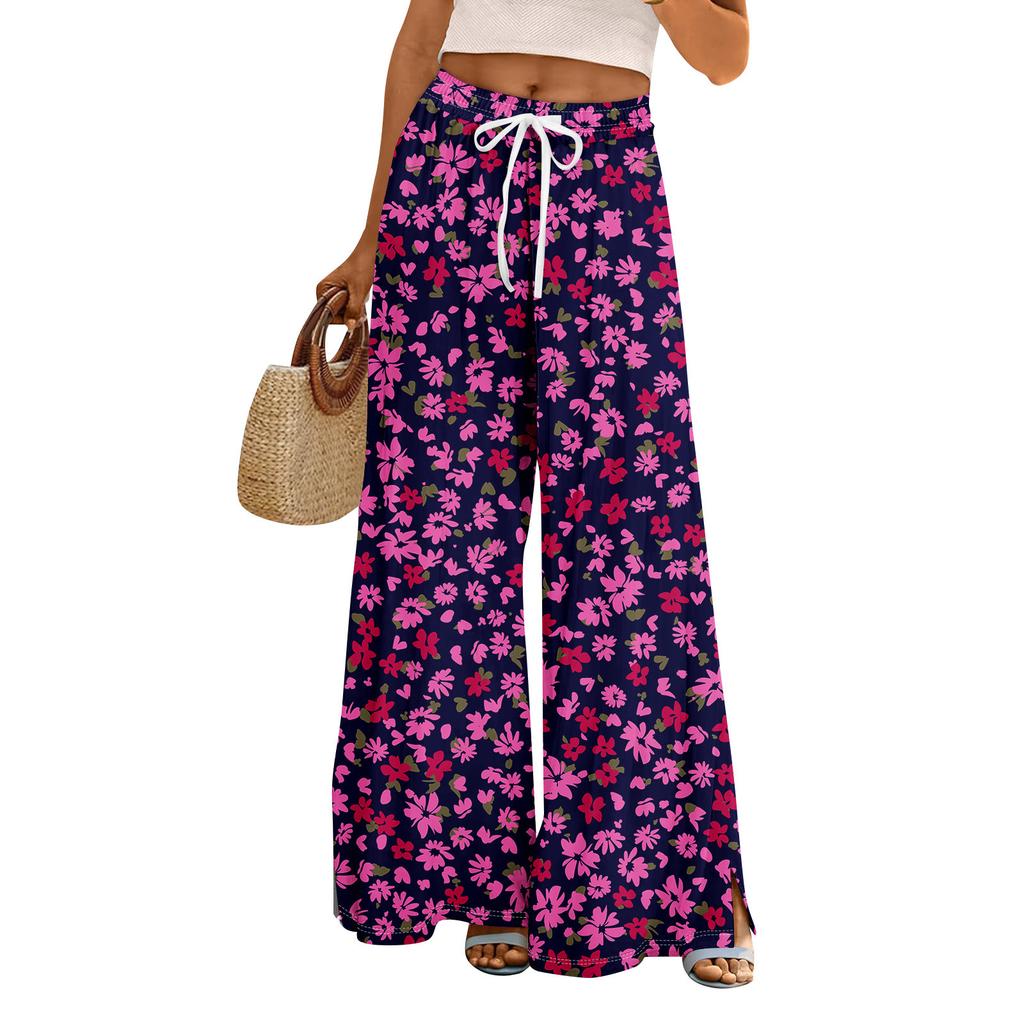Women Summer Boho Palazzo Pants High Waist Wide Leg Rinting Casual Trousers With Pockets