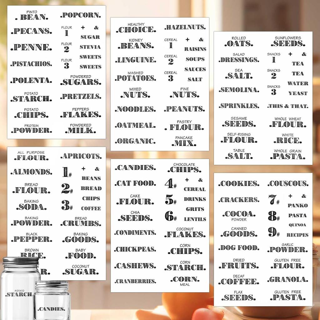 6 Sheets Pantry Labels for Containers, Waterproof PVC Food Storage Labels Self-Adhesive Spice Stickers for Kitchen Organizing