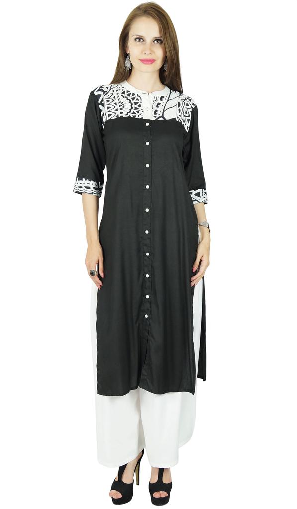 Bimba Women Black Rayon Kurta Kurti 3 4 Sleeve Formal Casual Tunic