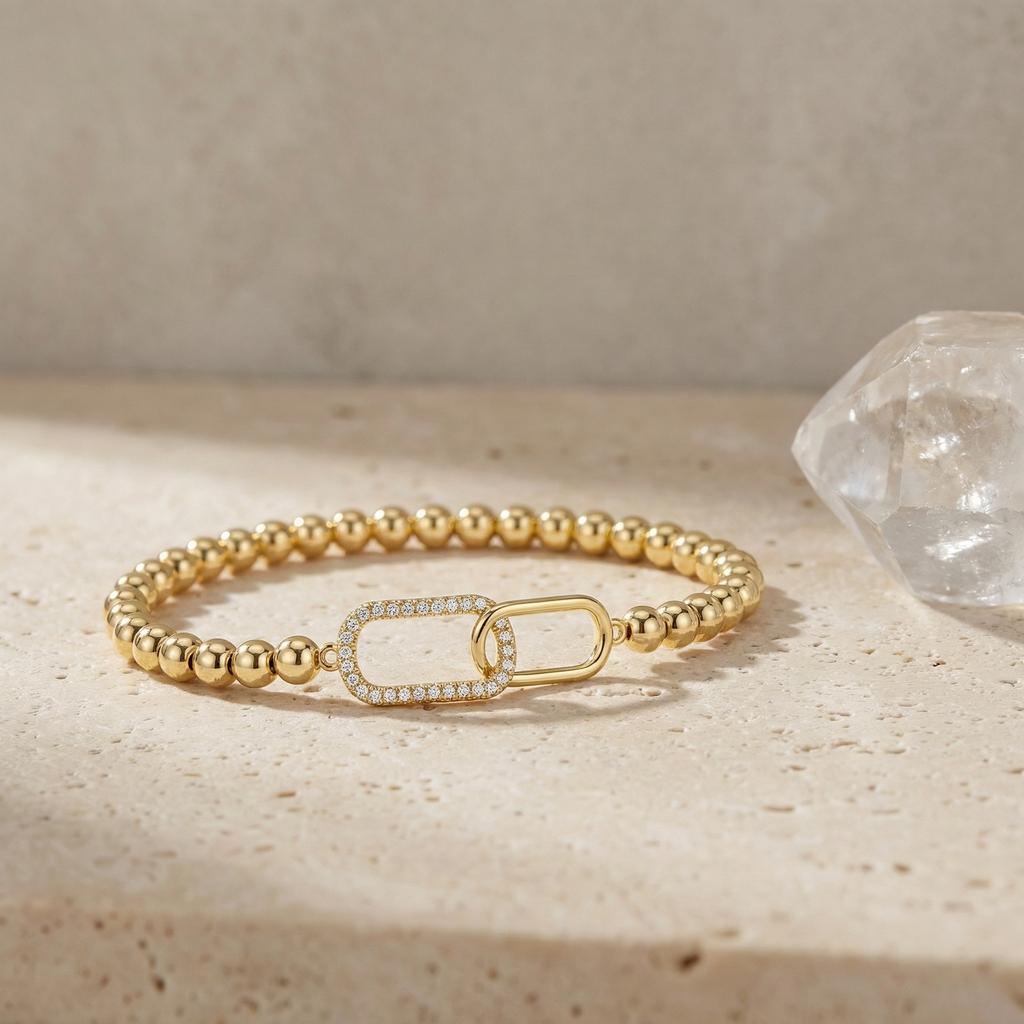 Elastic Beaded Bracelet, Zircon Paved Paperclip Clasp,Fashion Stretchable Women Accessory