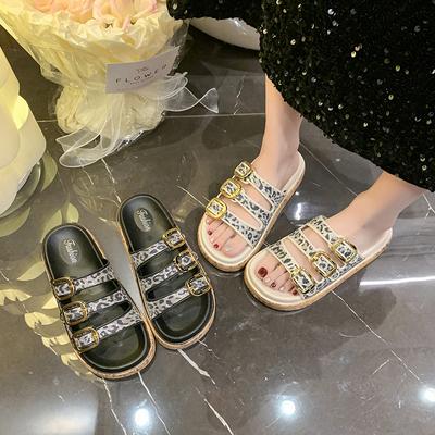 Ретро шлепанцы на плоской подошве с квадратной пряжкой, женские крутые шлепанцы, летние новые шлепанцы на толстой подошве с леопардовым принтом