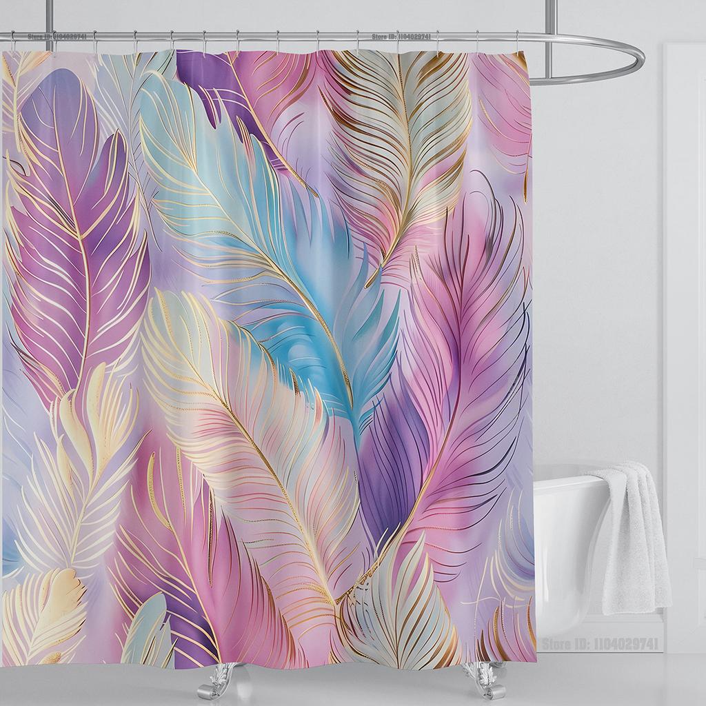 3D Feather Shower Curtain Set Colorful Printed Design Fabric Bathroom Decoration Waterproof Washable Shower Curtain with Hooks