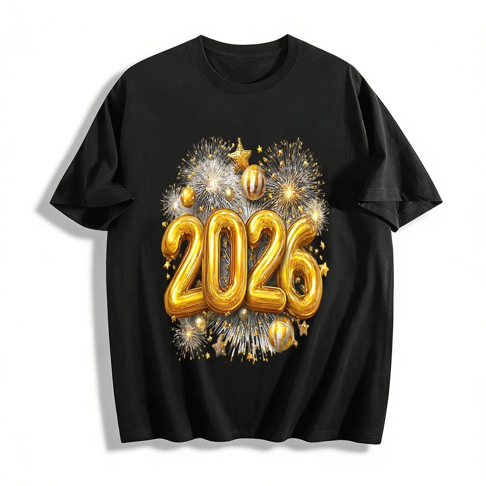 2026 Новый год Фейерверк Воздушные шары Принт Повседневный топ Футболка из чистого хлопка