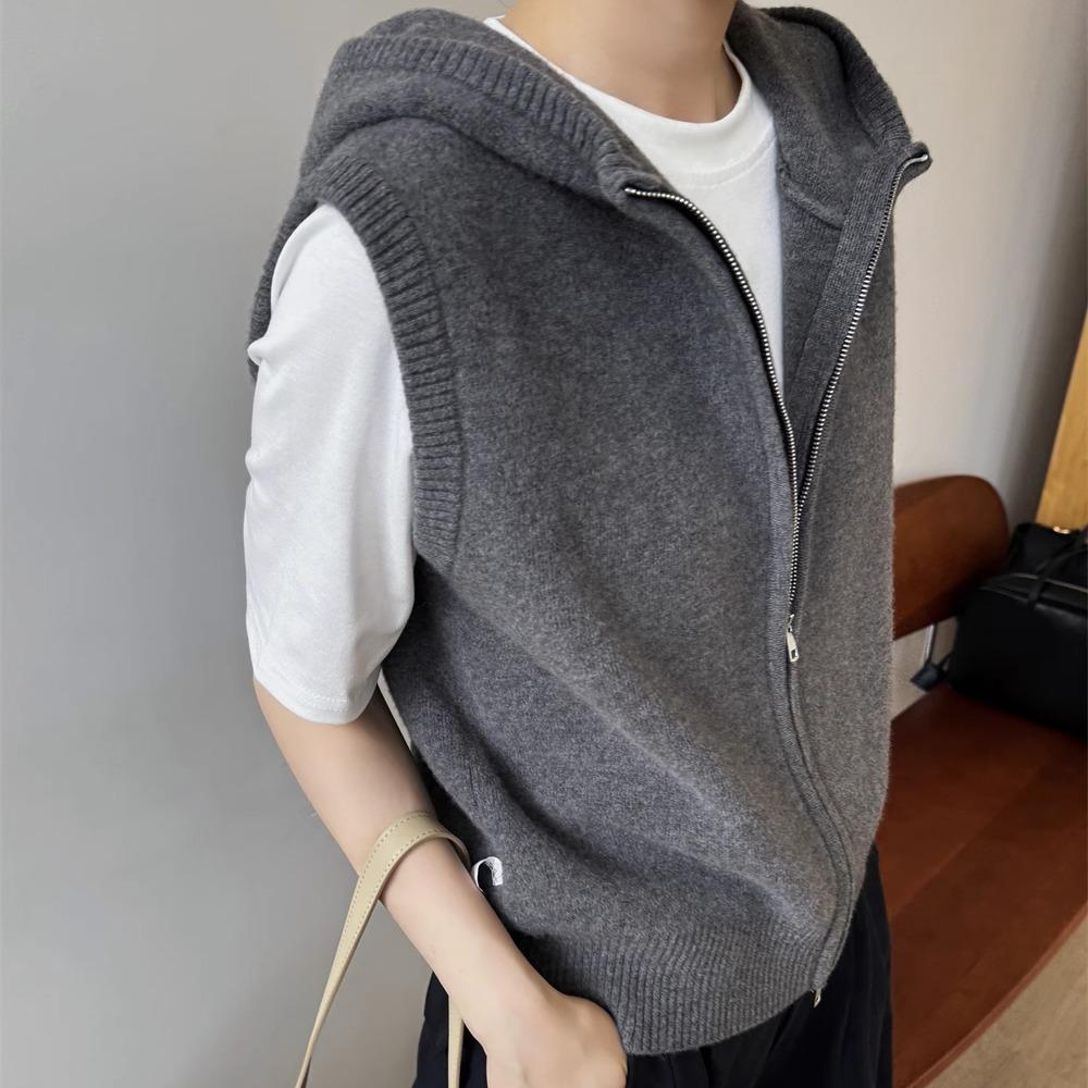 Women's European Style Wool Hooded Zip Vest - Loose Sleeveless Knit Cashmere Cape
