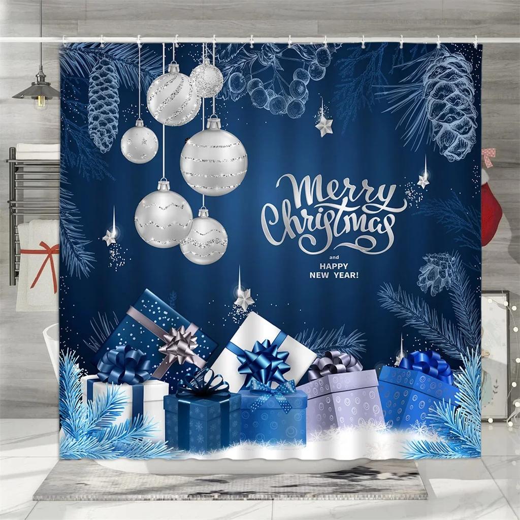 Christmas Shower Curtain, Winter Colourful Christmas Balls Pine Needle Gifts Merry Christmas Wreath Polyester Bathroom Decor