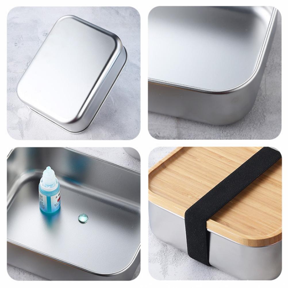 Stainless Steel Bento Lunch Box Metal Containers Wood Lid with 3Pcs Cutlery Set Lunch Box for