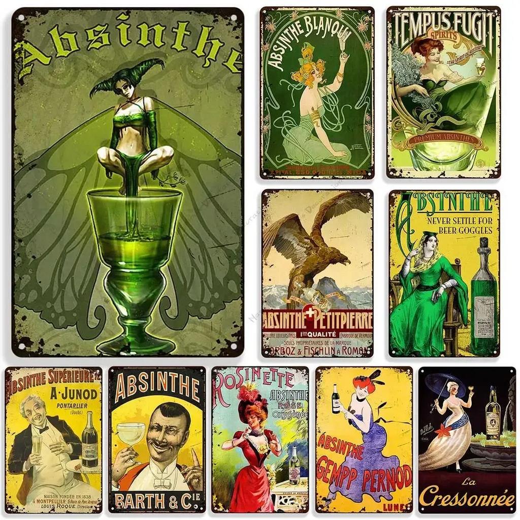 DORA Металлическая табличка Absinthe Металлическая жестяная табличка Пивной бренд Металлические знаки Настенная тарелка Винтажная металлическая табличка Мужская берлога Домашняя табличка Стена Промышленный декор