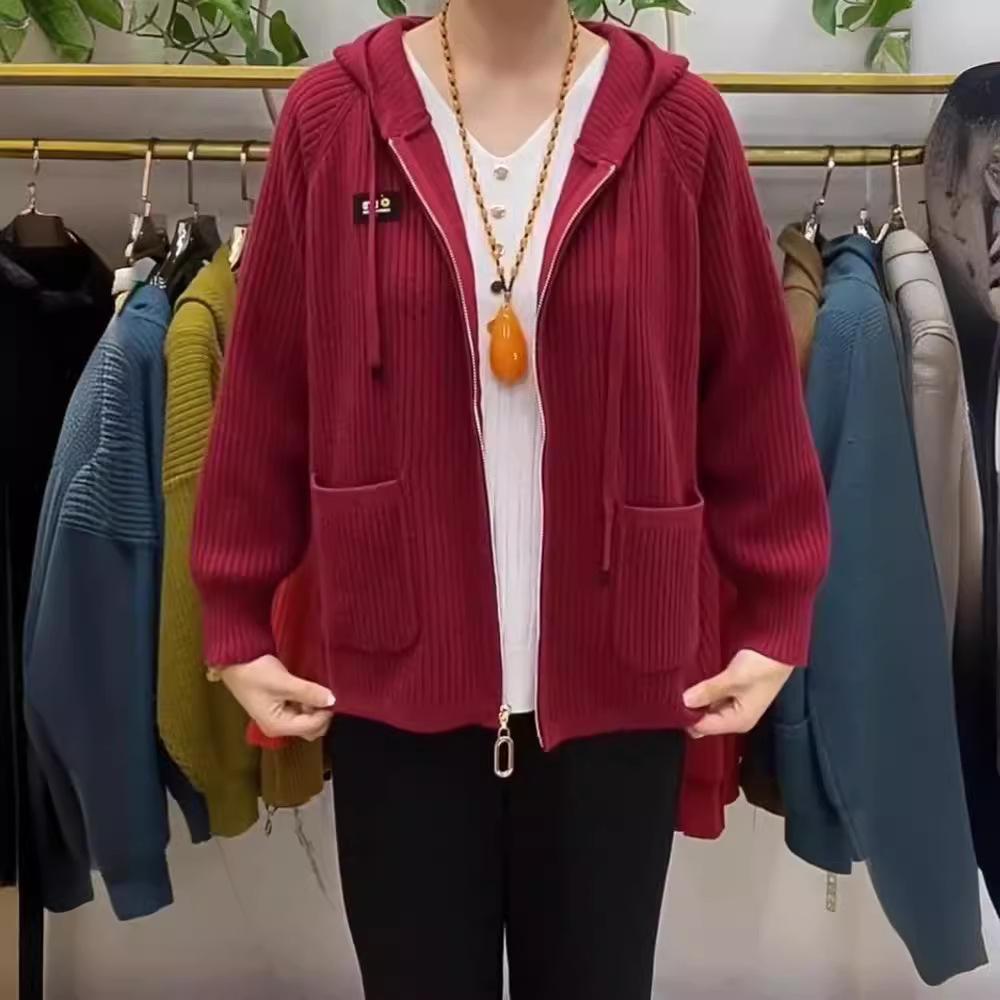 Осенне-зимний вязаный топ с капюшоном на молнии, свитер, кардиган, куртка для женщин среднего и пожилого возраста, для мам