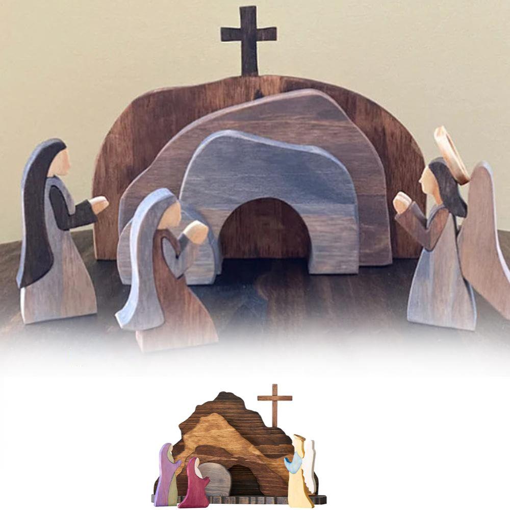 Wooden Empty Tomb Easter Scene Decoration Cross Jesus Tomb Tray Set  for Desktop Decoration