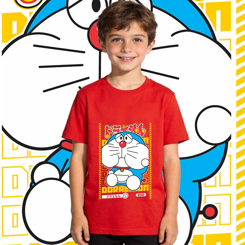 Boys Girls Cotton T Shirt Doraemon Anime Print Casual Summer Top Short Sleeve Kids Clothing Soft Breathable Children Daily Wear
