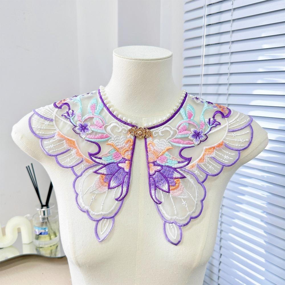 Floral Embroidery Hanfu Fake Collar Colorful Chinese Style Lace Fake Collar Pearl Detachable Decoration Shirt Collar