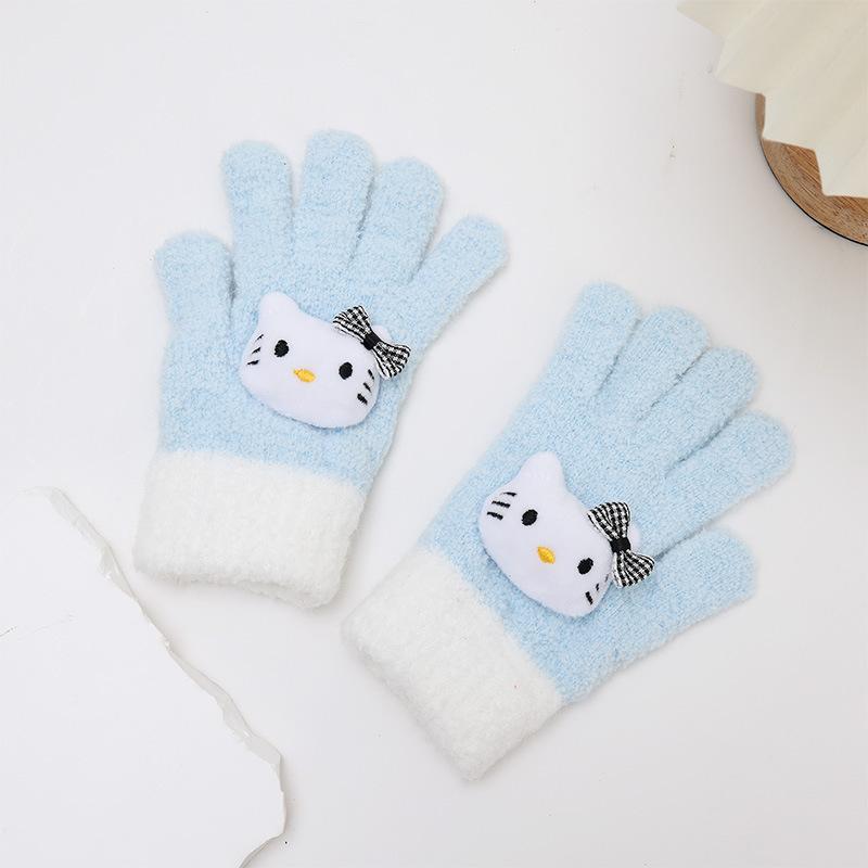 Cute and Cute Color Matching Kai T Cat Five Finger Gloves Autumn and Winter Warm and Thickened Writing Finger Gloves for Boys and Girls