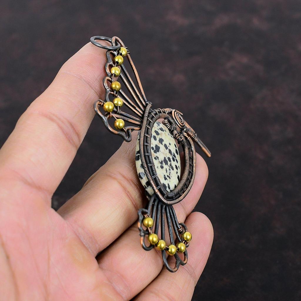 Подвеска из далматинской яшмы, обернутая медной проволокой, ручная работа, украшение из натурального драгоценного камня, стильное медное украшение, подвеска с птицей для подарка