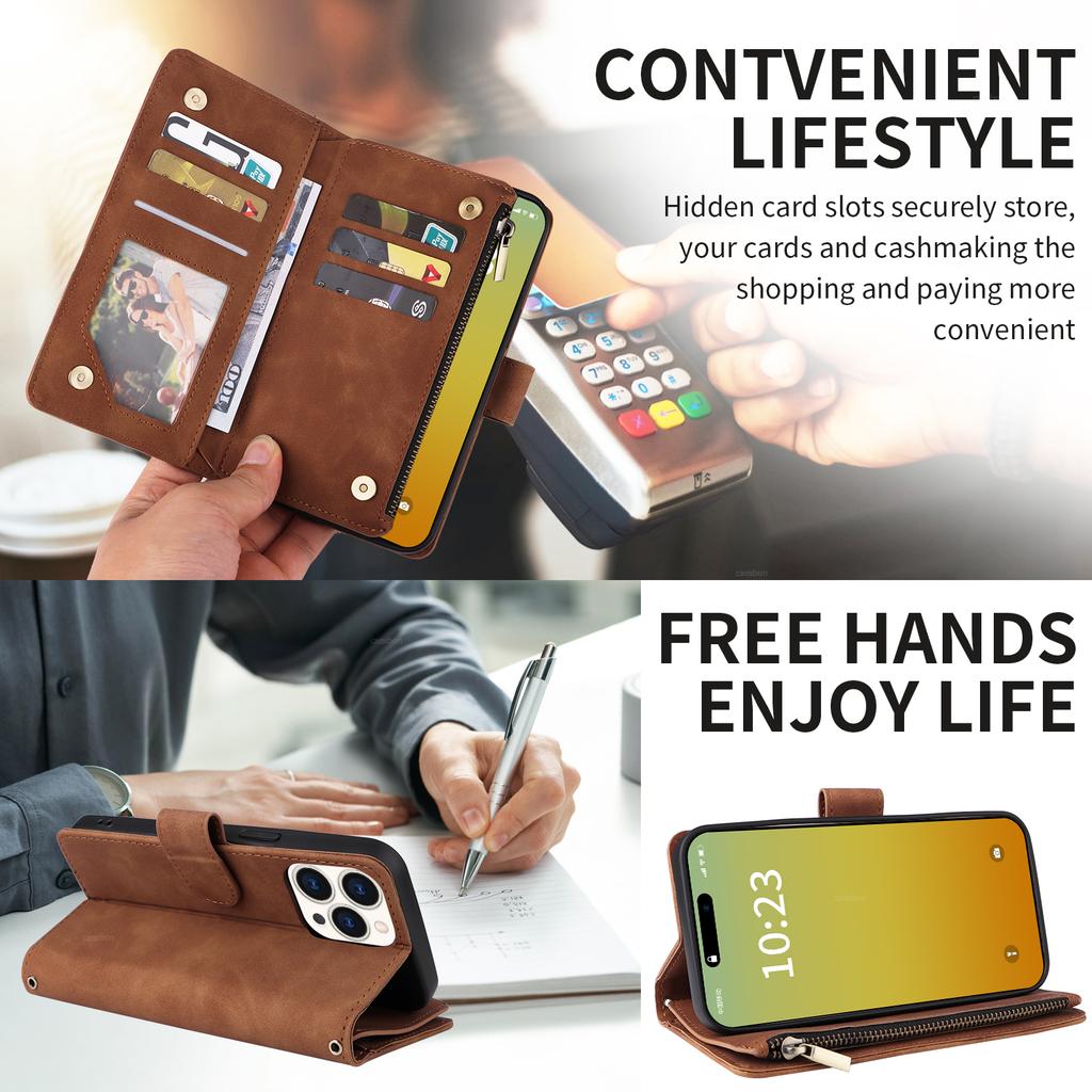 For iPhone 15 Pro Case Zipper Multi-Pocket Wallet Leather Phone Cover with Shoulder and Wrist Straps