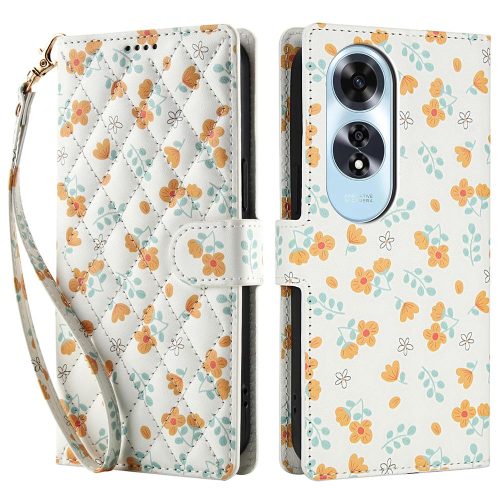 For Oppo A60 4G Wallet Case Rhombic Floral Design Leather Flip Phone Cover with Strap