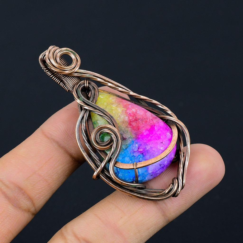 Rainbow Solar Quartz 999 Copper Wire Wrapped Pendant, Handmade Gemstone Pendant Jewelry, Gifts For Wife Brand New Pendant
