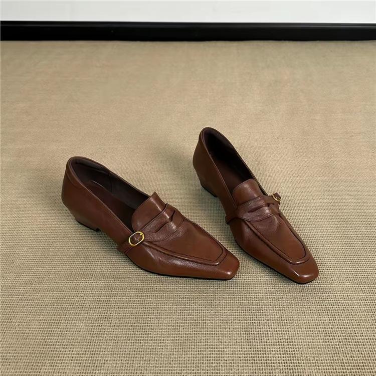 Retro square head thick heel loafers women's shoes autumn temperament one-pedal single shoes belt buckle small leather shoes
