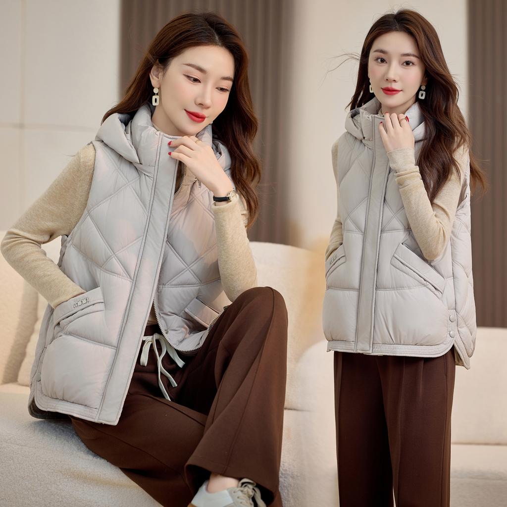 New Lingge Autumn and Winter Women's Lightweight Sleeveless Vest Hooded Solid Color Thickened Warm Sports Casual Loose Lightweight Jacket