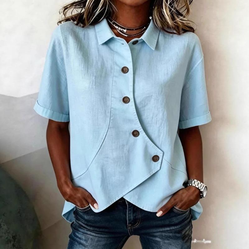 Women Light Blue Lapel Irregular Diagonal Button Short Sleeve Irregular Hem Loose Casual Blouse