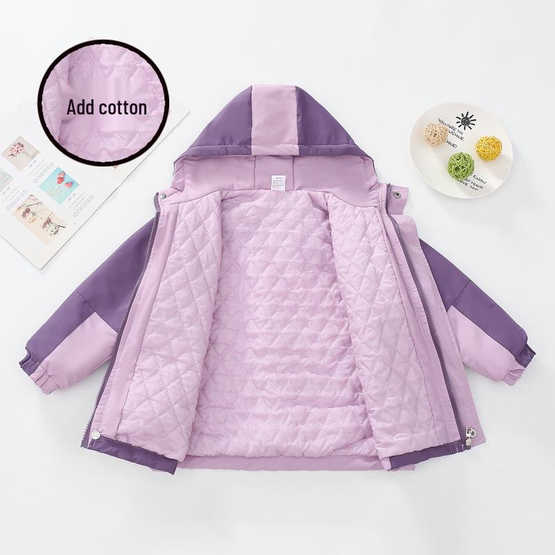 Girls' Fleece-Lined Color Block Windbreaker Jacket, Spring/Autumn, Thick, Windproof, for Medium & Large Children