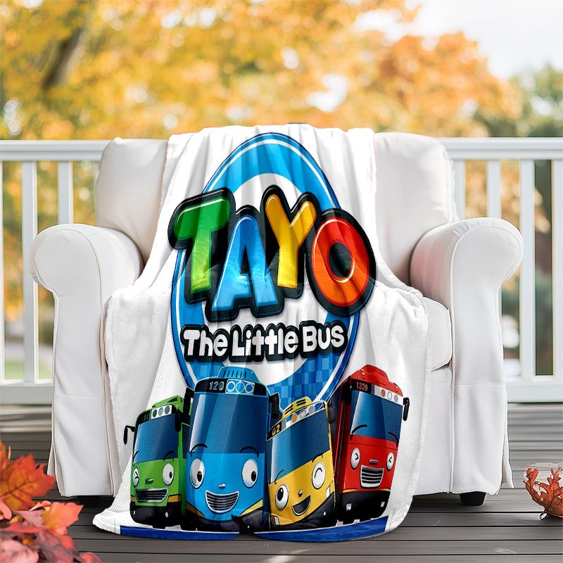 1pc Tayo The Little Bus2 Theme Soft Flannel Throw Blanket - Digital Print, Polyester, Cozy for All Seasons, Perfect for Outdoor, and Travel