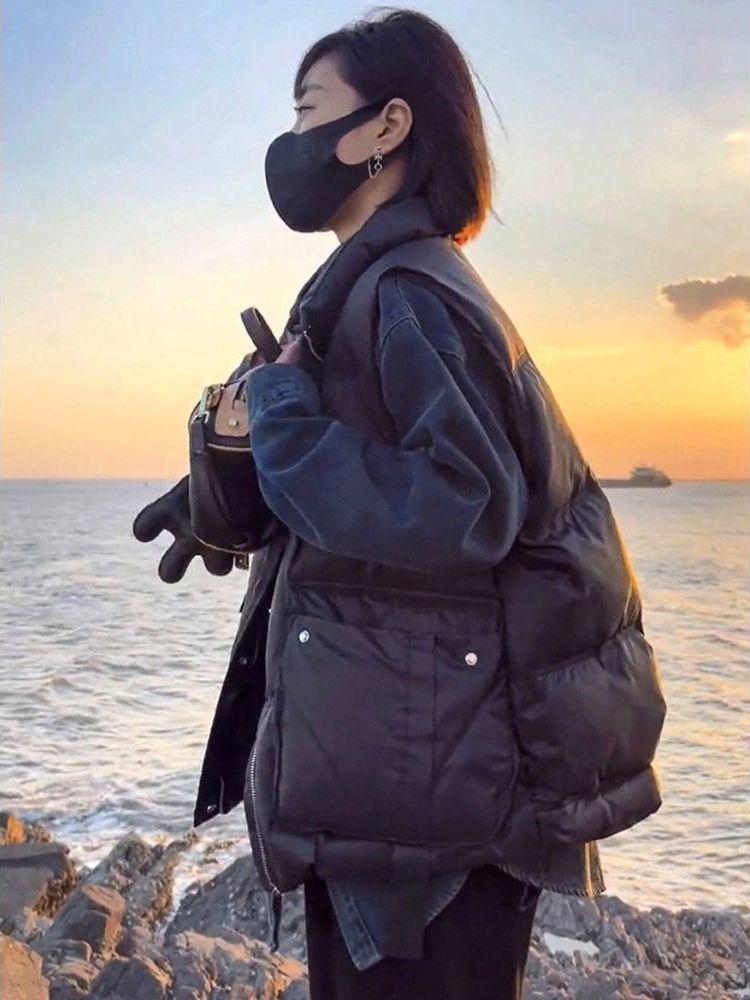 Глянцевый пуховый жилет без стирки для женщин - Осень/Зима, воротник-стойка, без рукавов, модная верхняя одежда