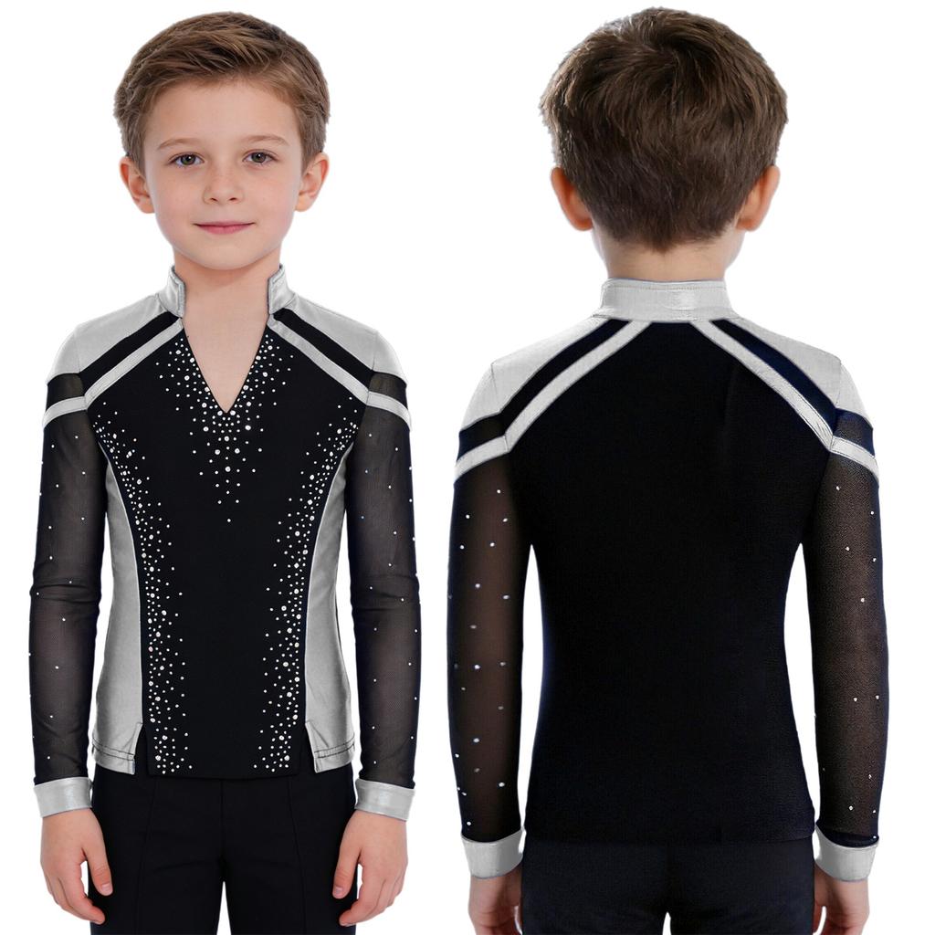 Boys Skating Performance Top: V-Neck Long Sleeve Rhinestone Color Block with Split Hem for Competition Costume