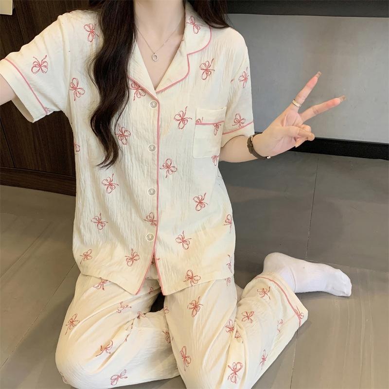New striped ins style light luxury cloud cotton pajamas women's summer short-sleeved trousers casual loungewear two-piece set